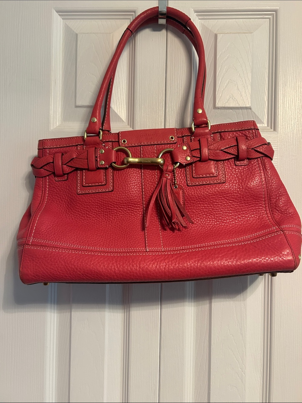 Red Leather Tote Handbag with Tassel Accent
